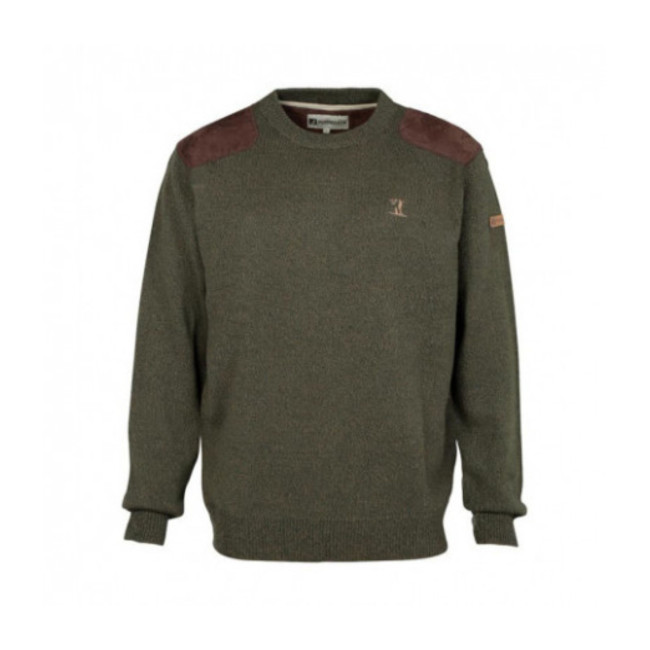 Sweter myśliwski z okrągłym dekoltem Khaki z haftem - Percussion