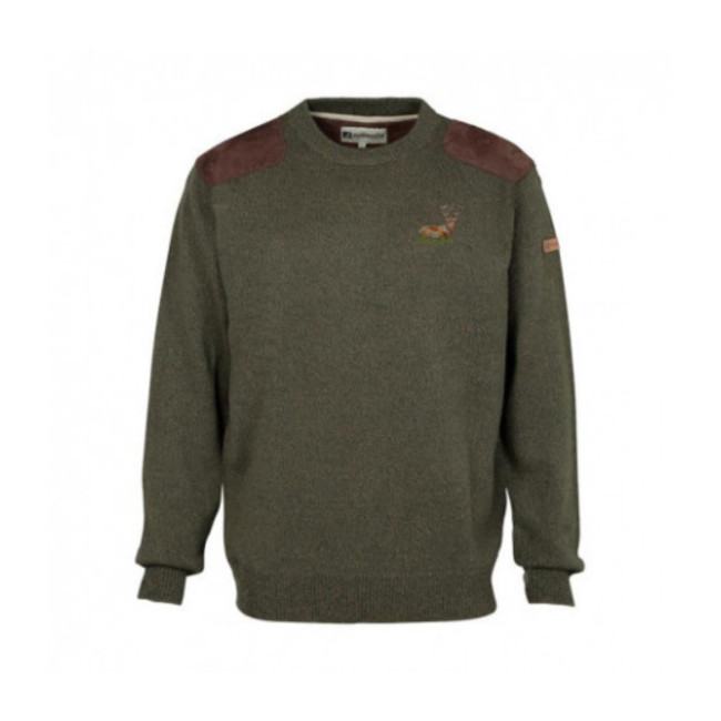 Pull de chasse col rond Kaki avec cerf brodé - Percussion