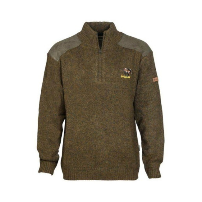 Pull Chasse avec sanglier brodé col camionneur Kaki - Percussion
