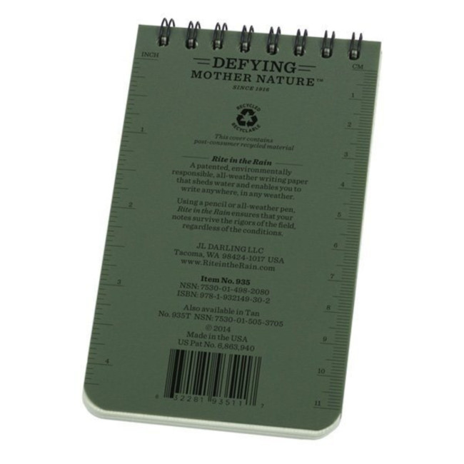 Carnet 7.6 x 12.7cm, 100 pages, spirale horizontale vert - Rite in the rain