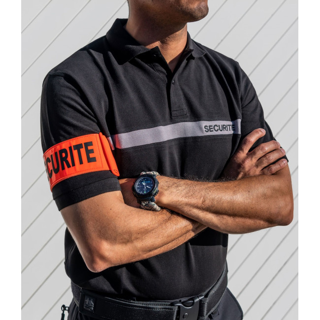 1506 POLO NOIR RESPIRANT SECURITE BANDE GRISE MARQUAGE OR MC main image 1