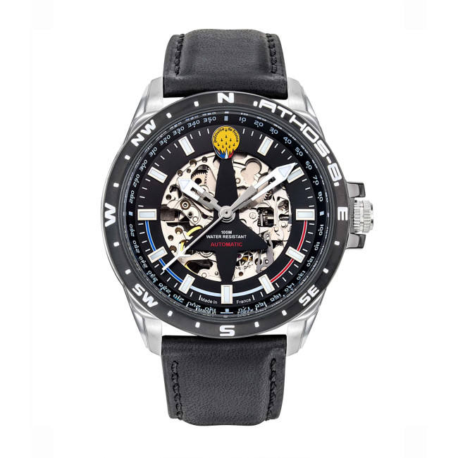 ATHOS 8 Uhr mit schwarzem Lederarmband und schwarzem Zifferblatt - Patrouille de France