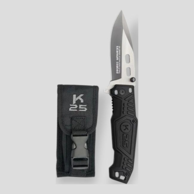 Couteau pliant (lame mixte 7,8 cm) avec étui en nylon - Noir - K25