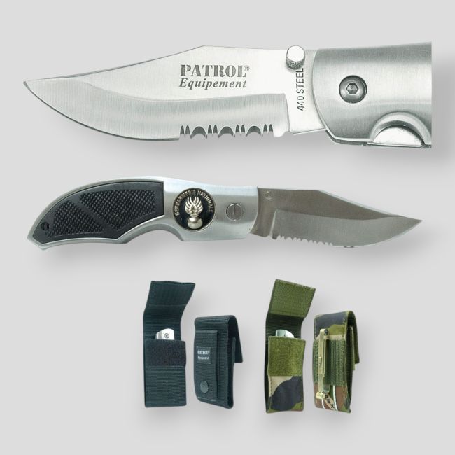 Nóż Rangers (ostrze 8,5cm) z odznaką żandarmerii GD i pochwą - Camo CE - Patrol Equipement