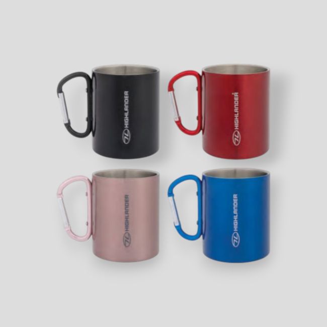 Set di 4 mug-moschettoni 300ml - Nero/Rosso/Rosa/Blu - Highlander Outdoor