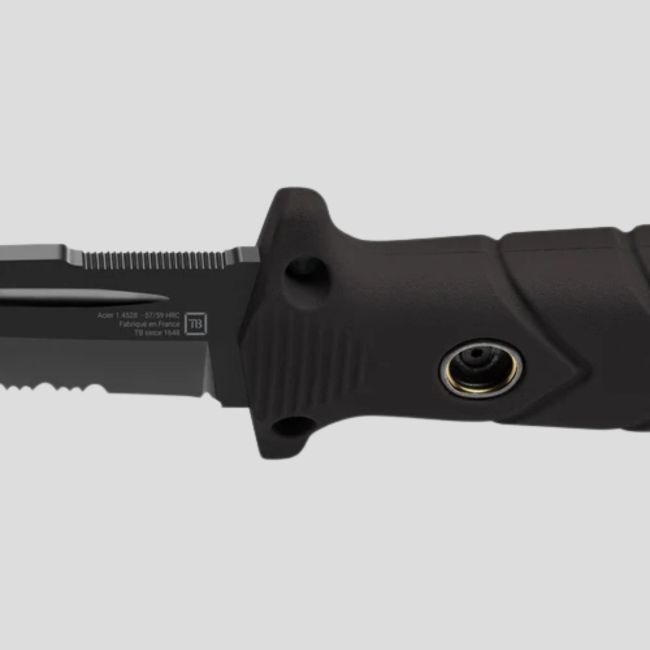 Cuchillo Le Vengeur + funda kydex + pasador de cinturón + piedra de fuego + placa de afilado - Negro - TB Outdoor