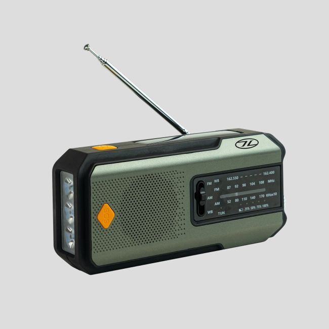 Rádio/lanterna/bateria externa de emergência recarregável (USB-C/Dínamo/Solar) - Verde-Oliva - Highlander Outdoor