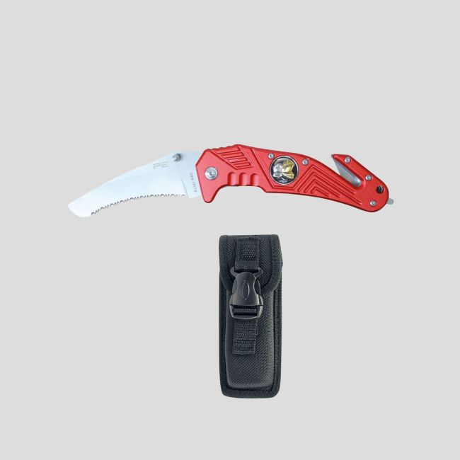 Nóż do cięcia pasów i rozbijania szyb (ostrze 8,5cm) Sapeurs Pompiers z etui - Czerwony - Patrol Equipement