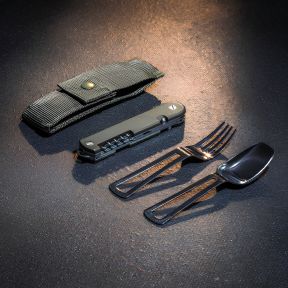 Baroudeur Messer (ausgehöhlte Klinge) + Besteck - Khaki - TB Outdoor