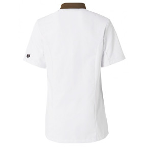 Veste de cuisine femme Ajik manches courtes Blanche avec col et liserés marrons - Molinel