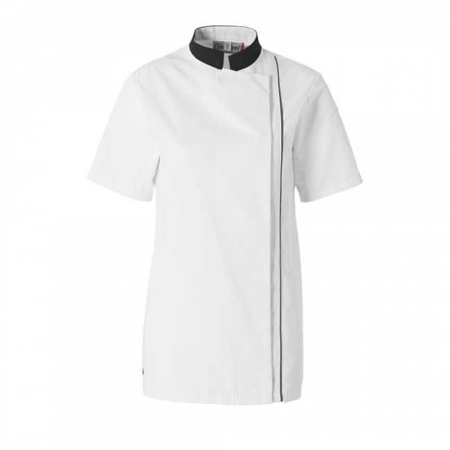 Veste de cuisine femme Ajik manches courtes Blanche avec col et liserés noirs - Molinel