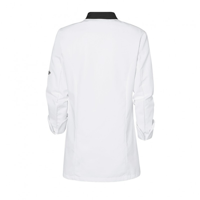 Veste de cuisine femme Ajik manches longues Blanche avec col et liserés noirs - Molinel