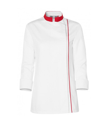 Veste de cuisine femme Ajik manches longues Blanche avec col et liserés rouges - Molinel
