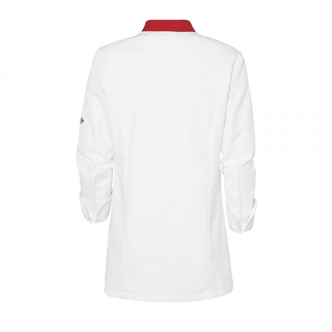 Veste de cuisine femme Ajik manches longues Blanche avec col et liserés rouges - Molinel