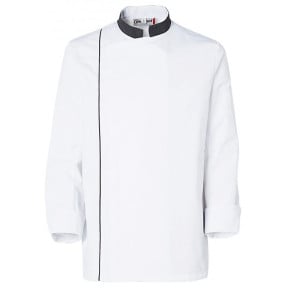 Veste de cuisine homme Ajik manches longues Blanche avec col et liserés pointillés - Molinel