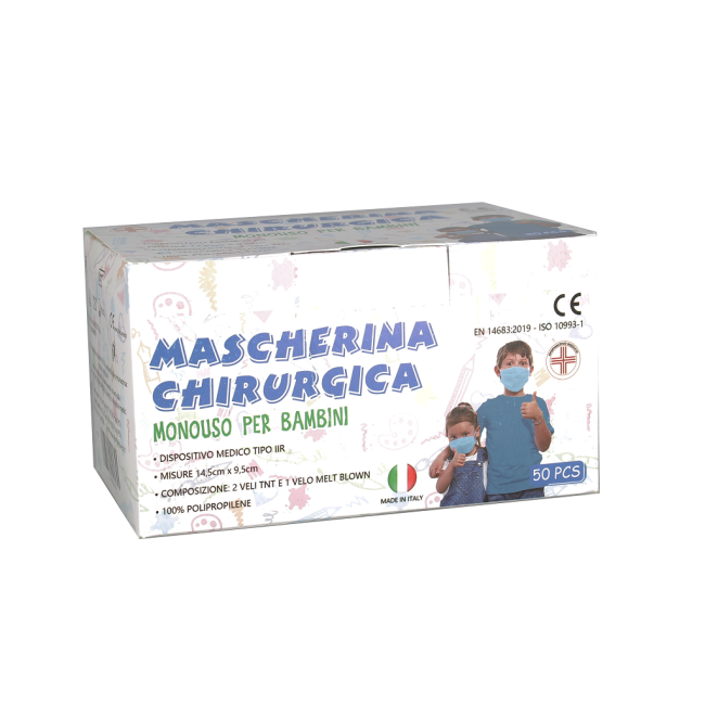 Set mit 50 blauen chirurgischen Einwegmasken für Kinder EN14683:2019