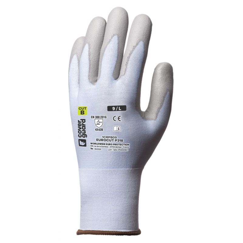 Gants EUROCUT P318 HPPE Cut B 18G Bleu Enduit PU COVERGUARD