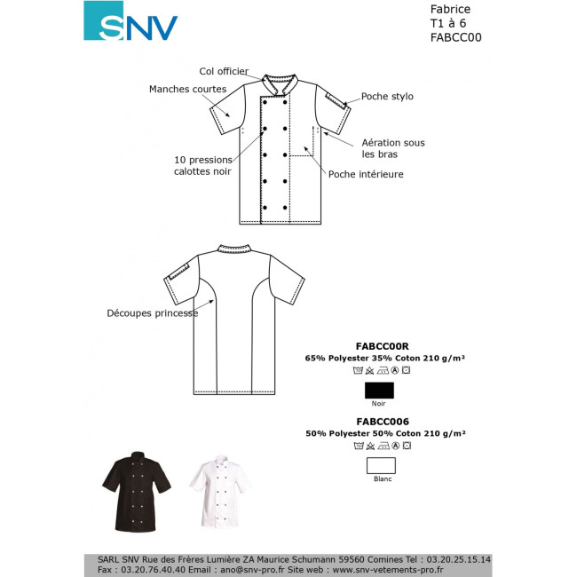 Veste de cuisine manches courtes Fabrice blanc - SNV