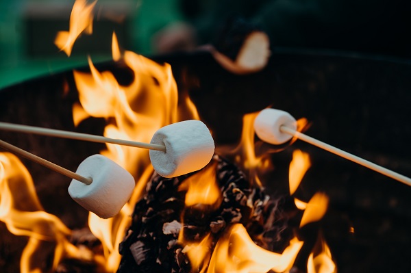 Marshmallows en train de griller sur un feu de camp
